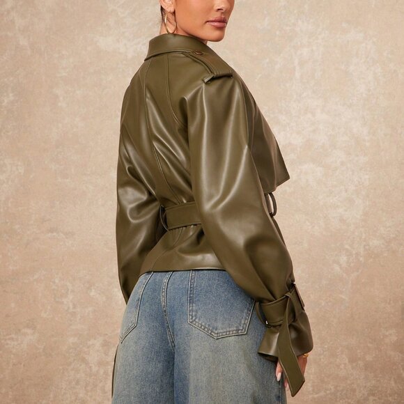 Army Green Casual Women's Long Sleeve faux leather mini Trench Coat - Picture 2 of 7